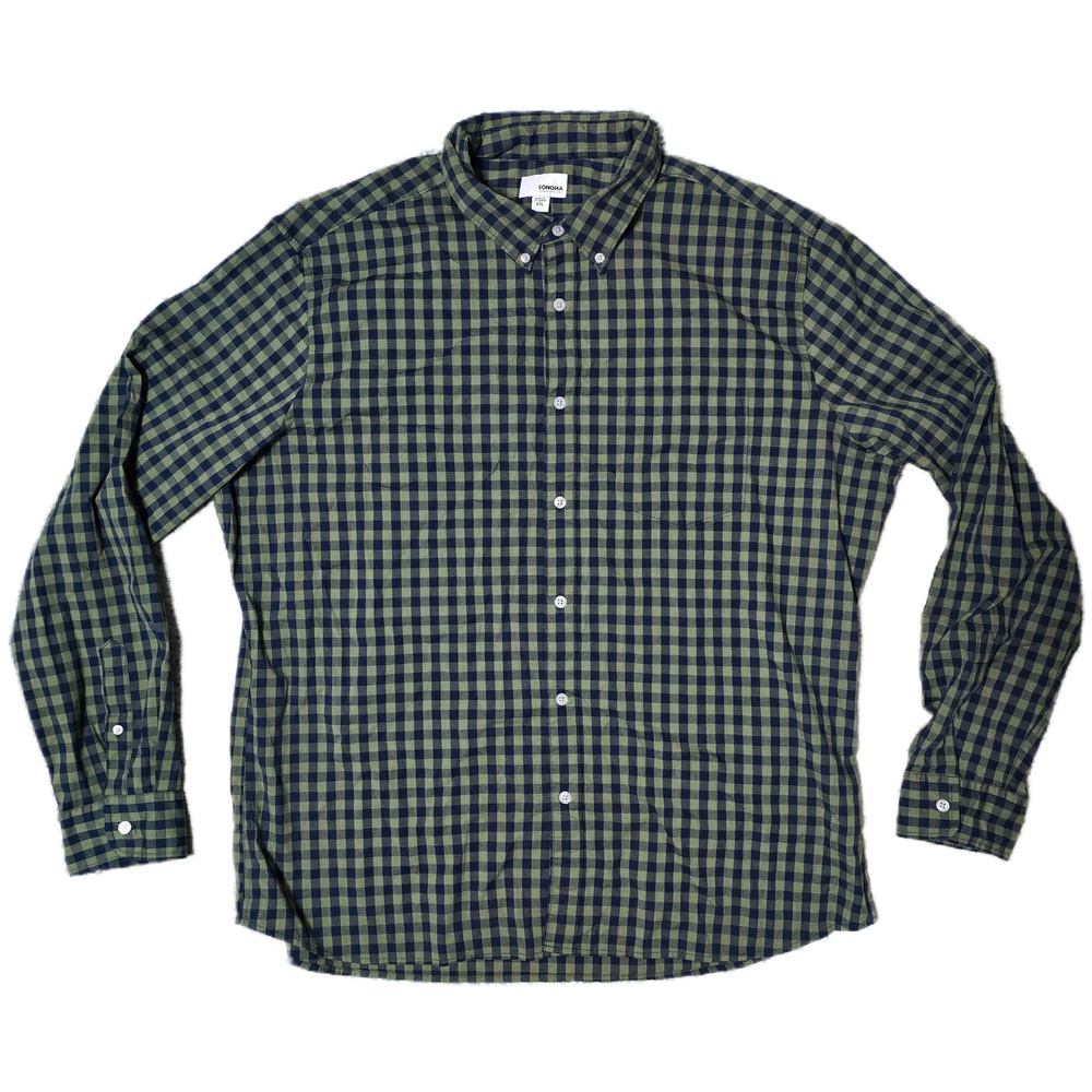 Sonoma Men's XXL Long‎ Sleeve Olive & Navy Blue Gingham Button Down Shirt (R)